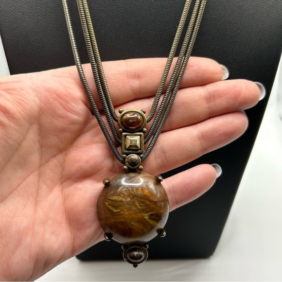Bohemian Brown Swirl Faux Stone MultiStrand Pendant Necklace Egyptian Unique - Picture 4 of 10